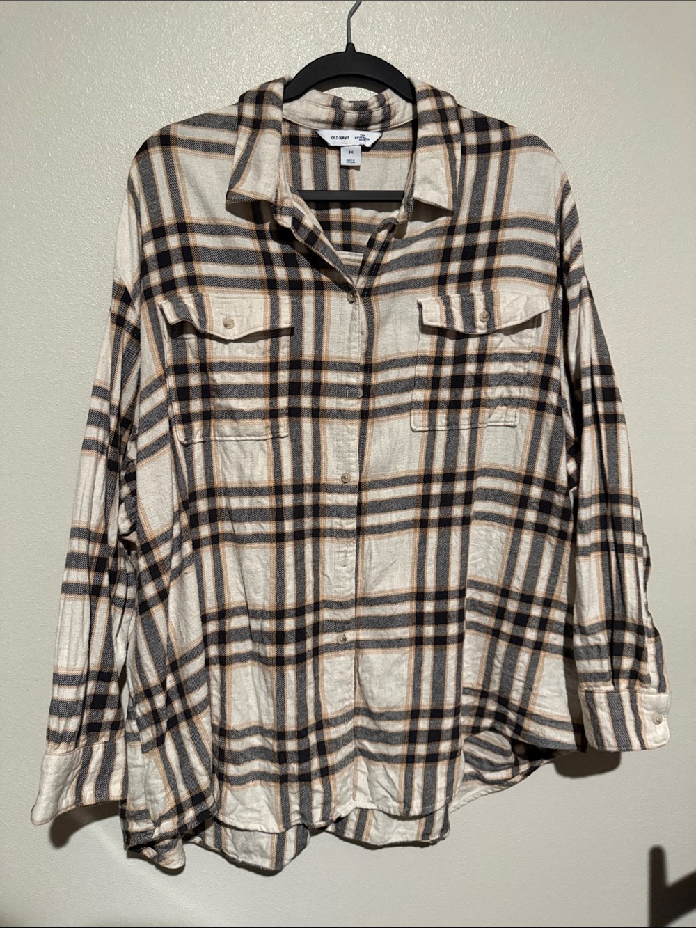 Old Navy Men's Cream Plaid Button-Down Shirt with Black and Brown Stripes